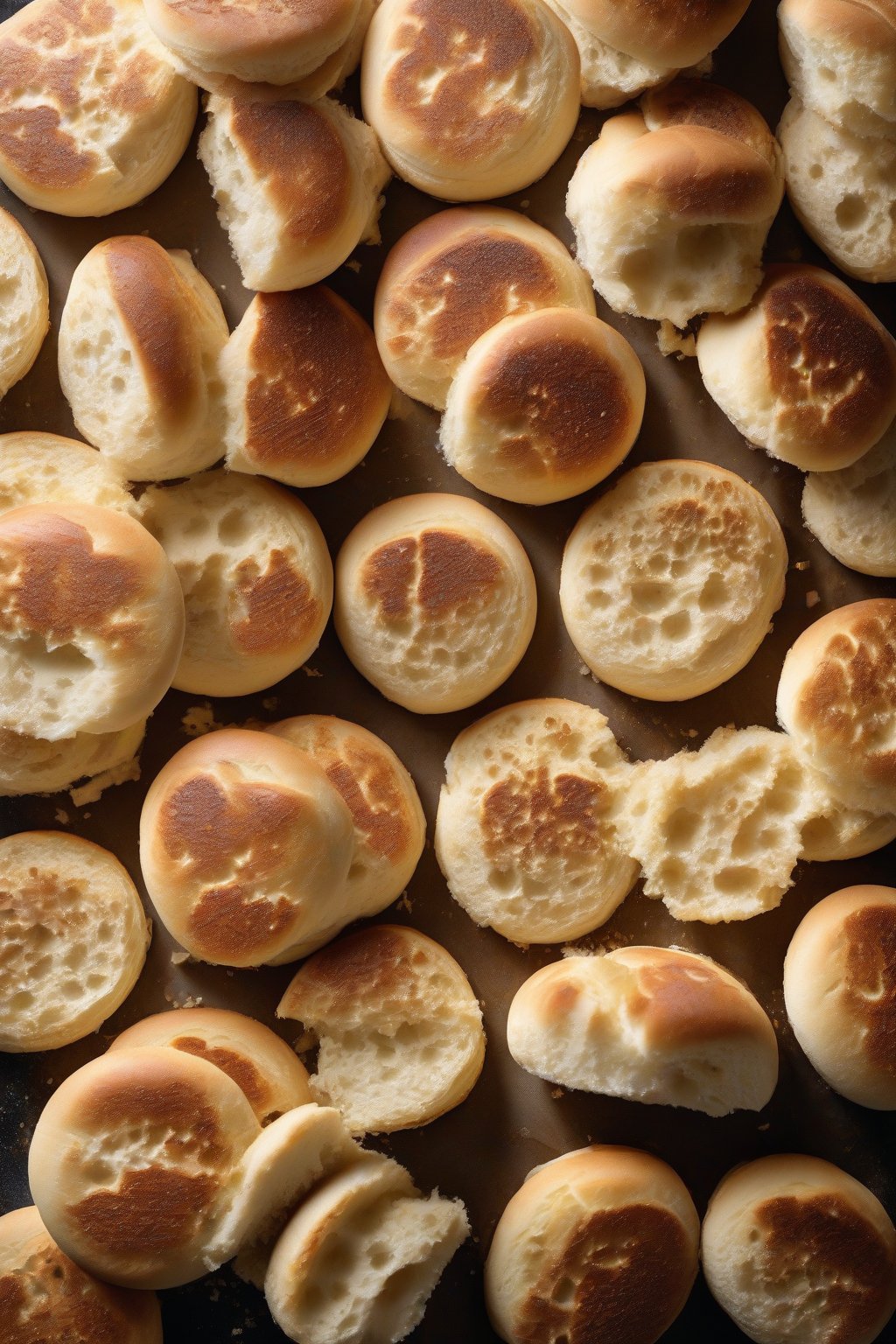A high-resolution photo of split sourdough English muffins revealing airy holes, with a tangy steam rising under soft lighting.