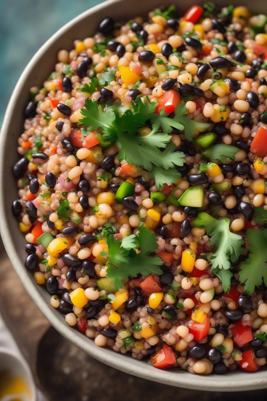 A high-resolution photo of quinoa-powered Cowboy Caviar in a modern bowl, fluffy grains mixed with crisp veggies under soft lighting.