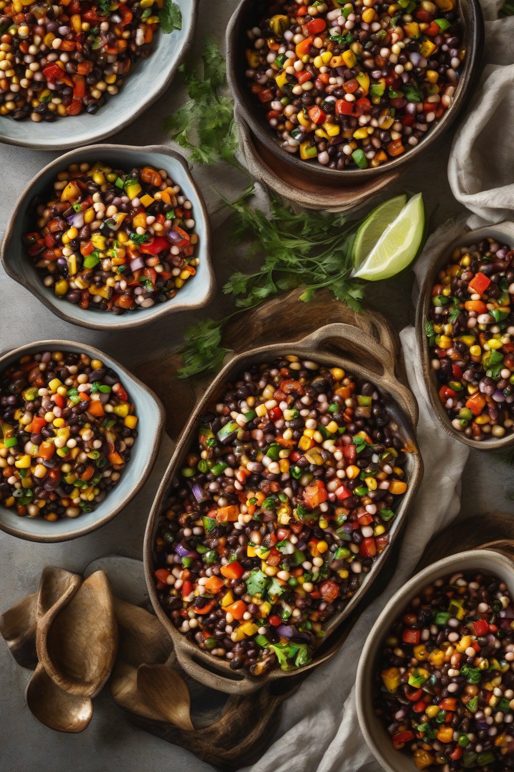 A high-resolution photo of roasted veggie Cowboy Caviar steaming slightly in a stoneware dish, charred edges visible under soft lighting.