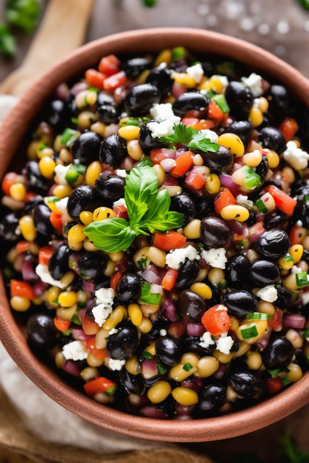 A high-resolution photo of Greek twist Cowboy Caviar with black olives and feta in a terra-cotta bowl under soft lighting.