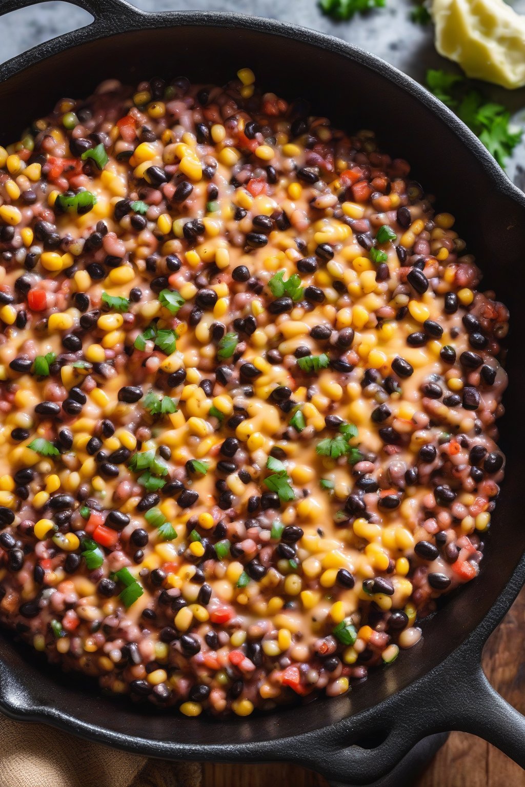 A high-resolution photo of BBQ ranch Cowboy Caviar with cheese melts in a cast-iron skillet under soft lighting.