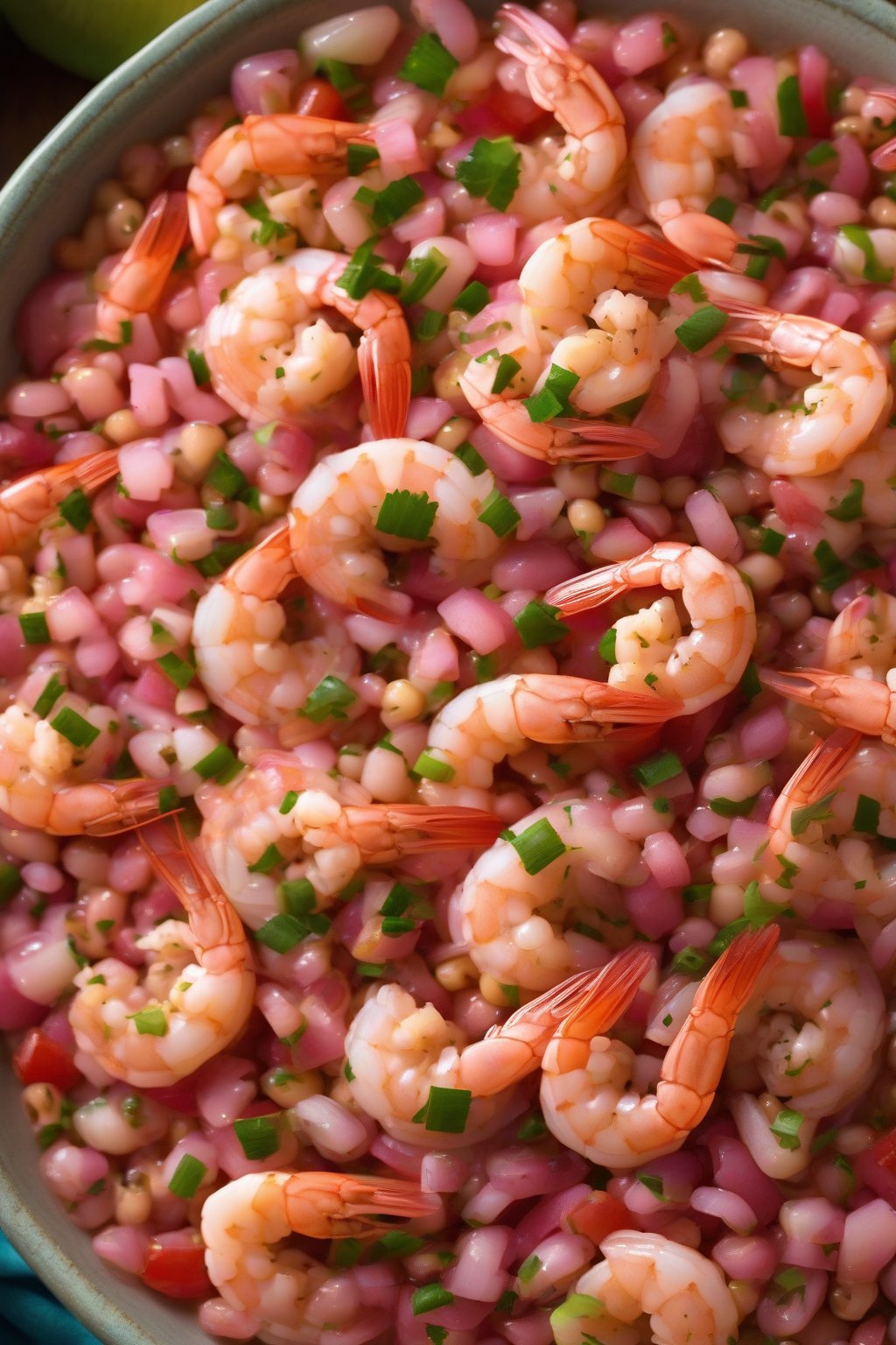 A high-resolution photo of shrimp seafood Cowboy Caviar topped with pink shrimp tails in a seafood bowl under soft lighting.