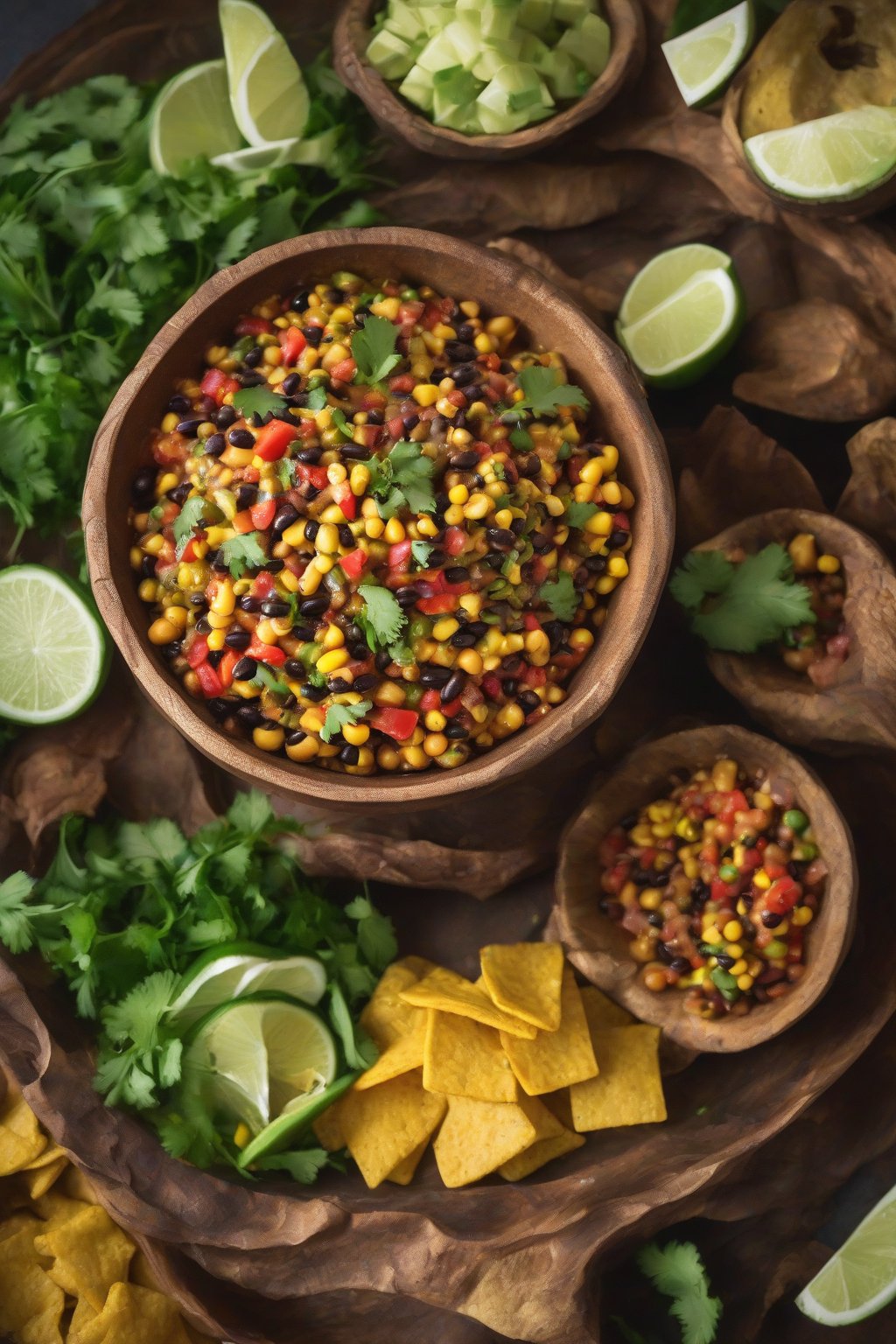 A high-resolution photo of vegan curry Cowboy Caviar with golden hues in a coconut shell bowl under soft lighting.