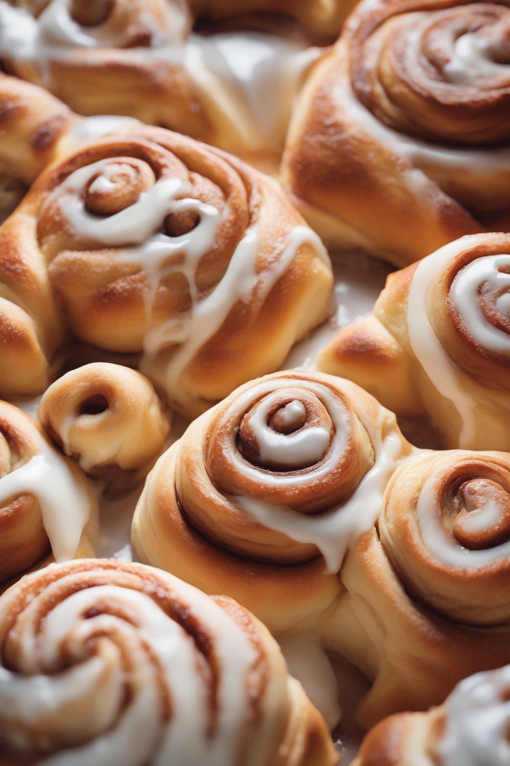 A high-resolution photo of fluffy Cinamoroll-shaped cinnamon rolls with iced faces and coiled ears under soft lighting.