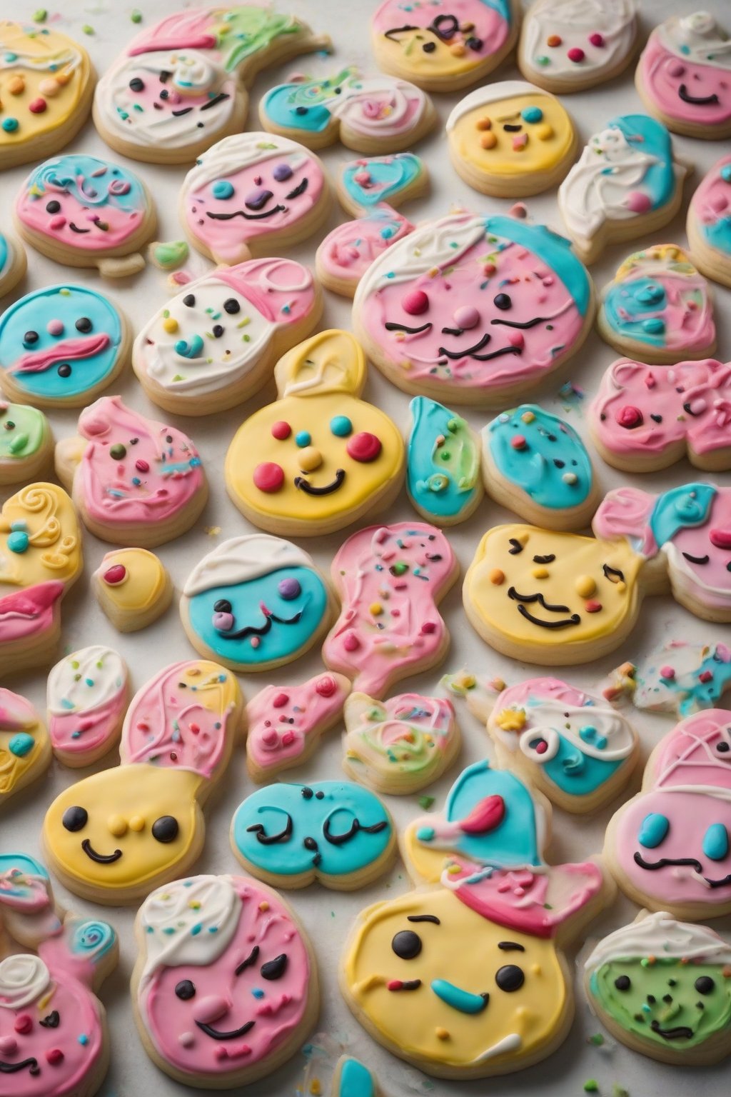A high-resolution photo of colorful Cinamoroll sugar cookies with detailed icing faces under soft lighting.