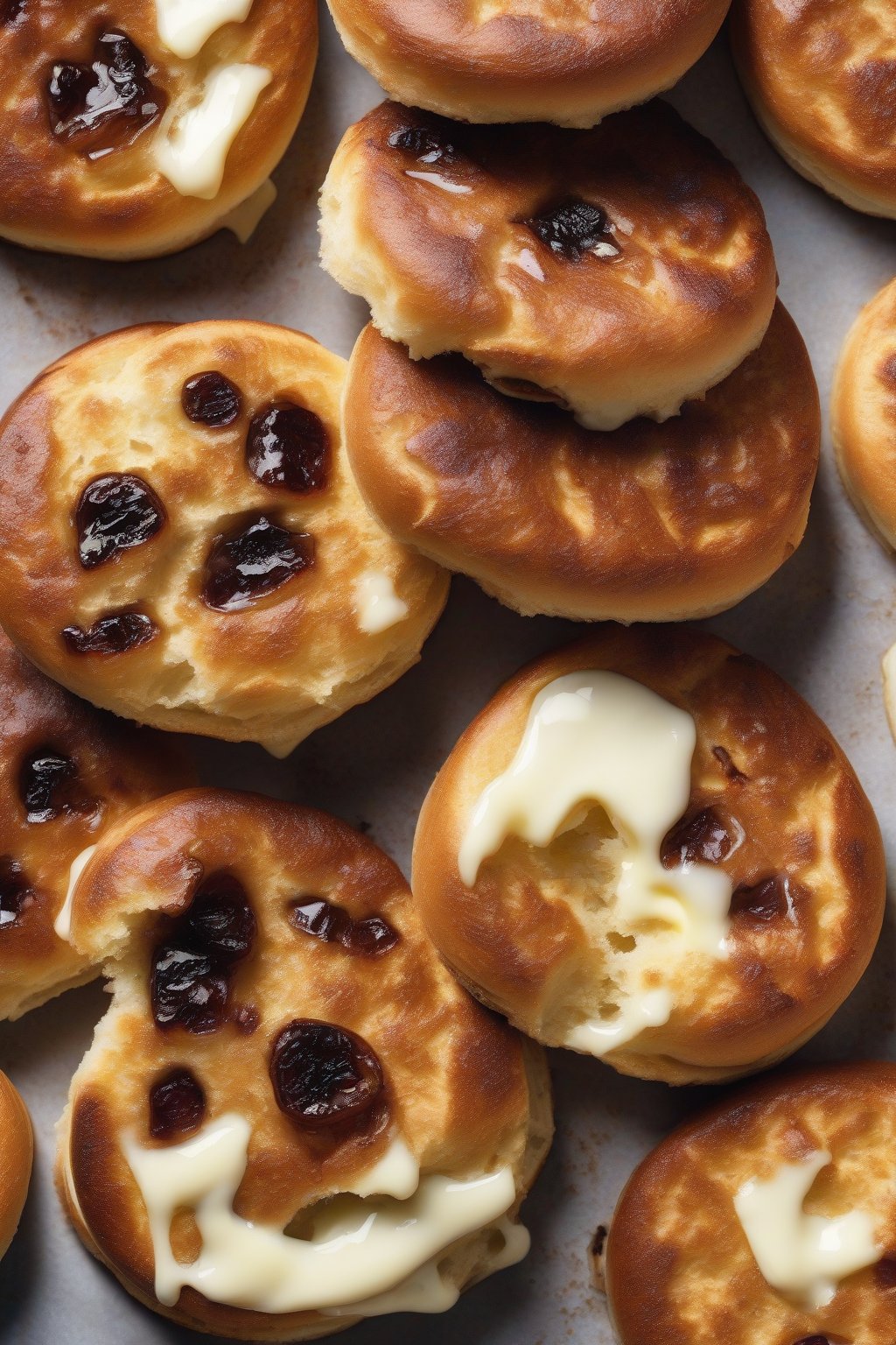 A high-resolution photo of cinnamon raisin English muffins toasted with melting butter in the crevices under soft lighting.