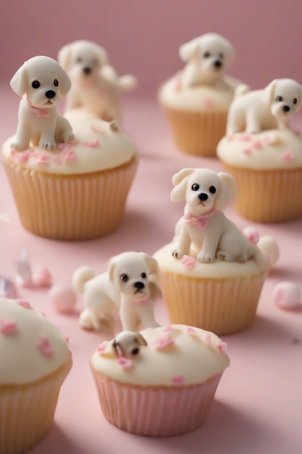 A high-resolution photo of vanilla cupcakes topped with fondant Cinamoroll puppies under soft lighting.