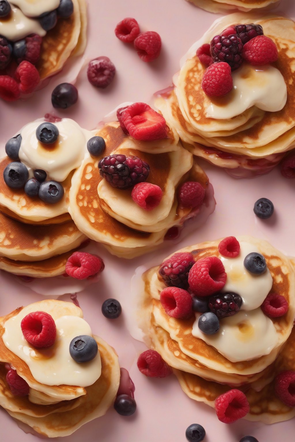 A high-resolution photo of stacked Cinamoroll pancakes with berry faces under soft lighting.