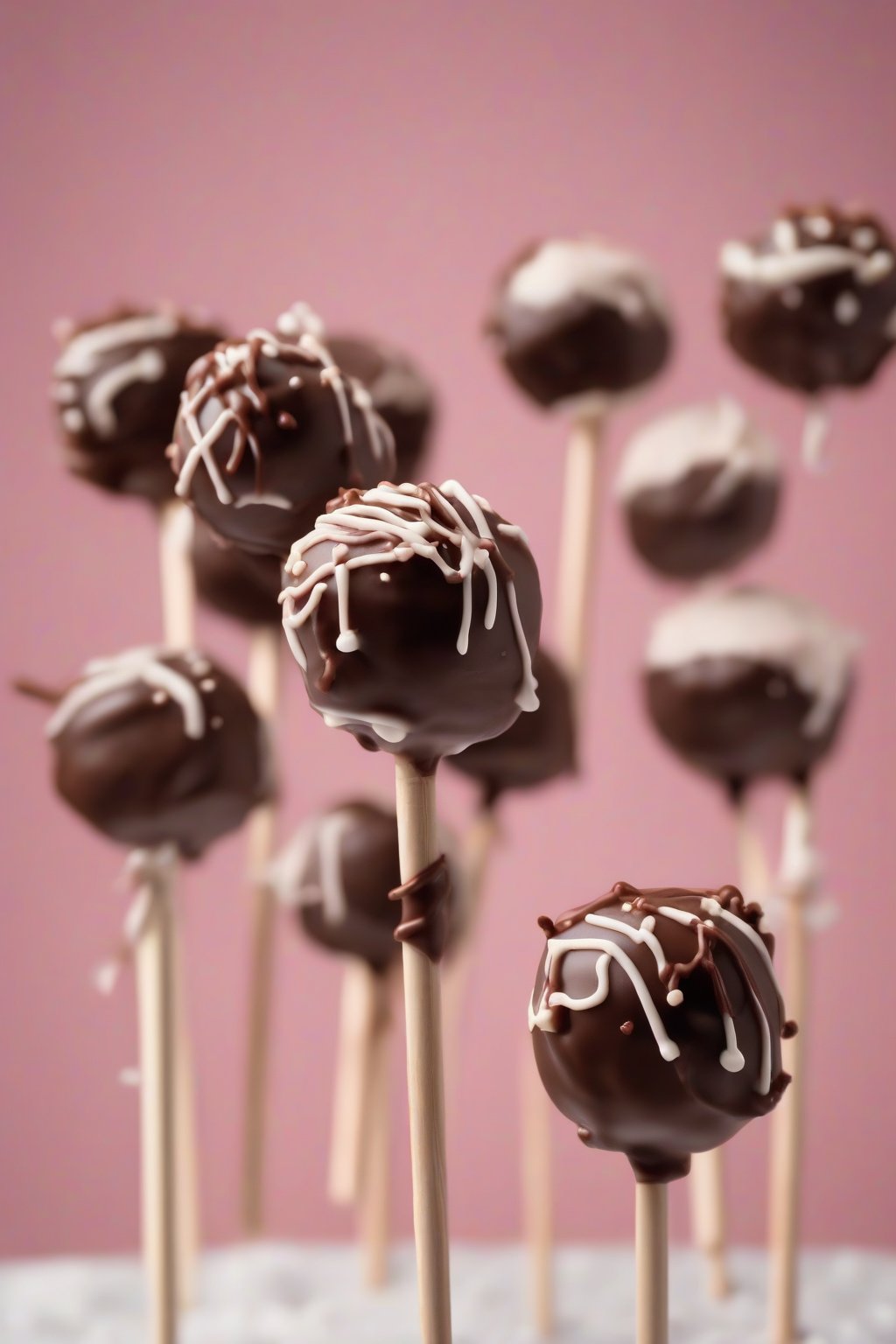 A high-resolution photo of chocolate-dipped Cinamoroll cake pops on sticks under soft lighting.