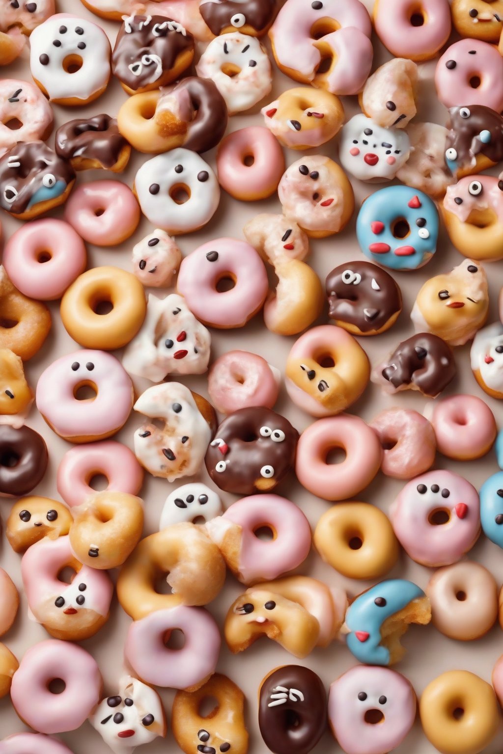 A high-resolution photo of glazed mini Cinamoroll donuts with cute faces under soft lighting.