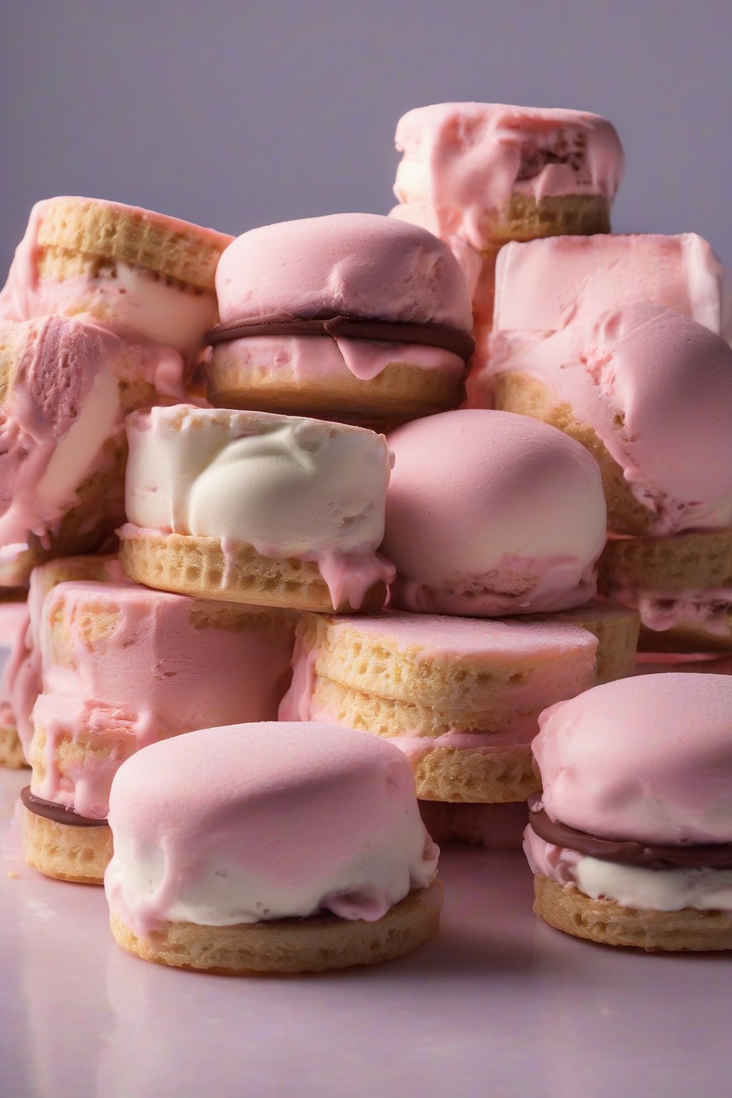 A high-resolution photo of frozen Cinamoroll ice cream sandwiches under soft lighting.