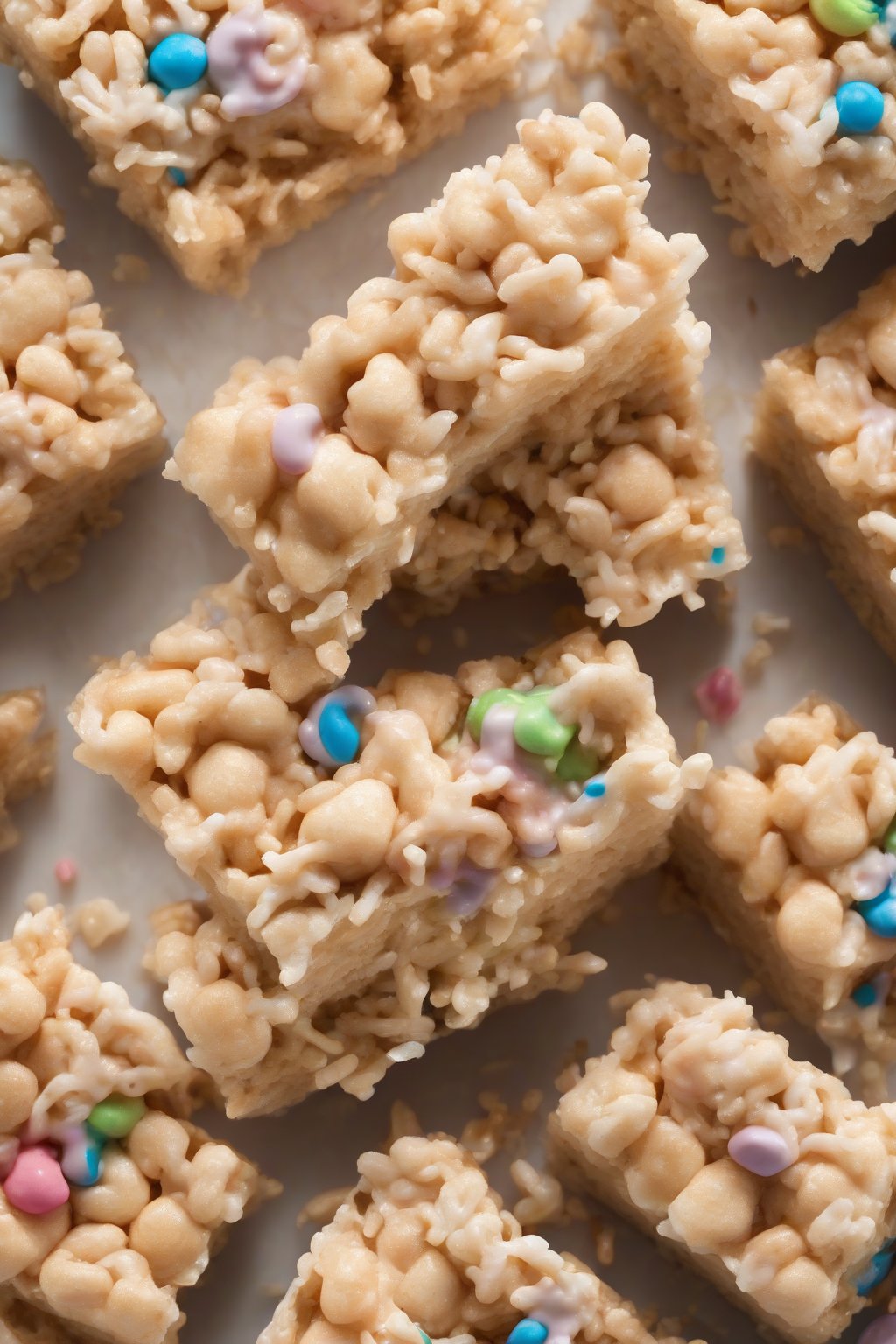 A high-resolution photo of gooey Cinamoroll Rice Krispies treats under soft lighting.