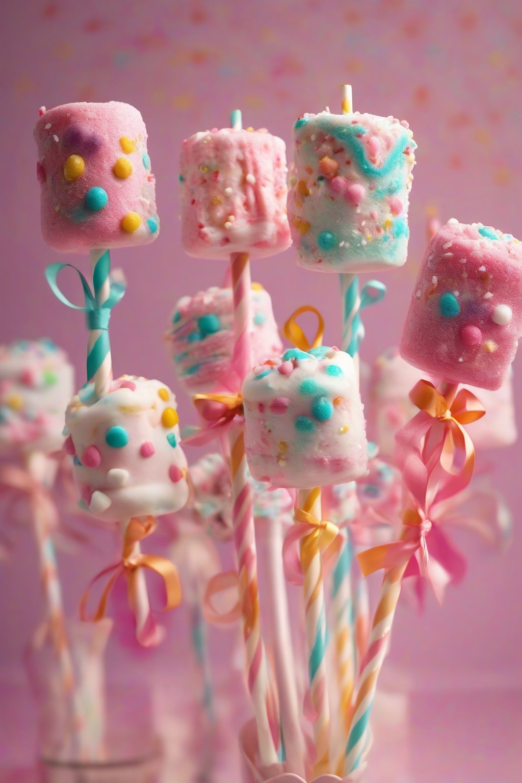 A high-resolution photo of decorated Cinamoroll marshmallow pops under soft lighting.