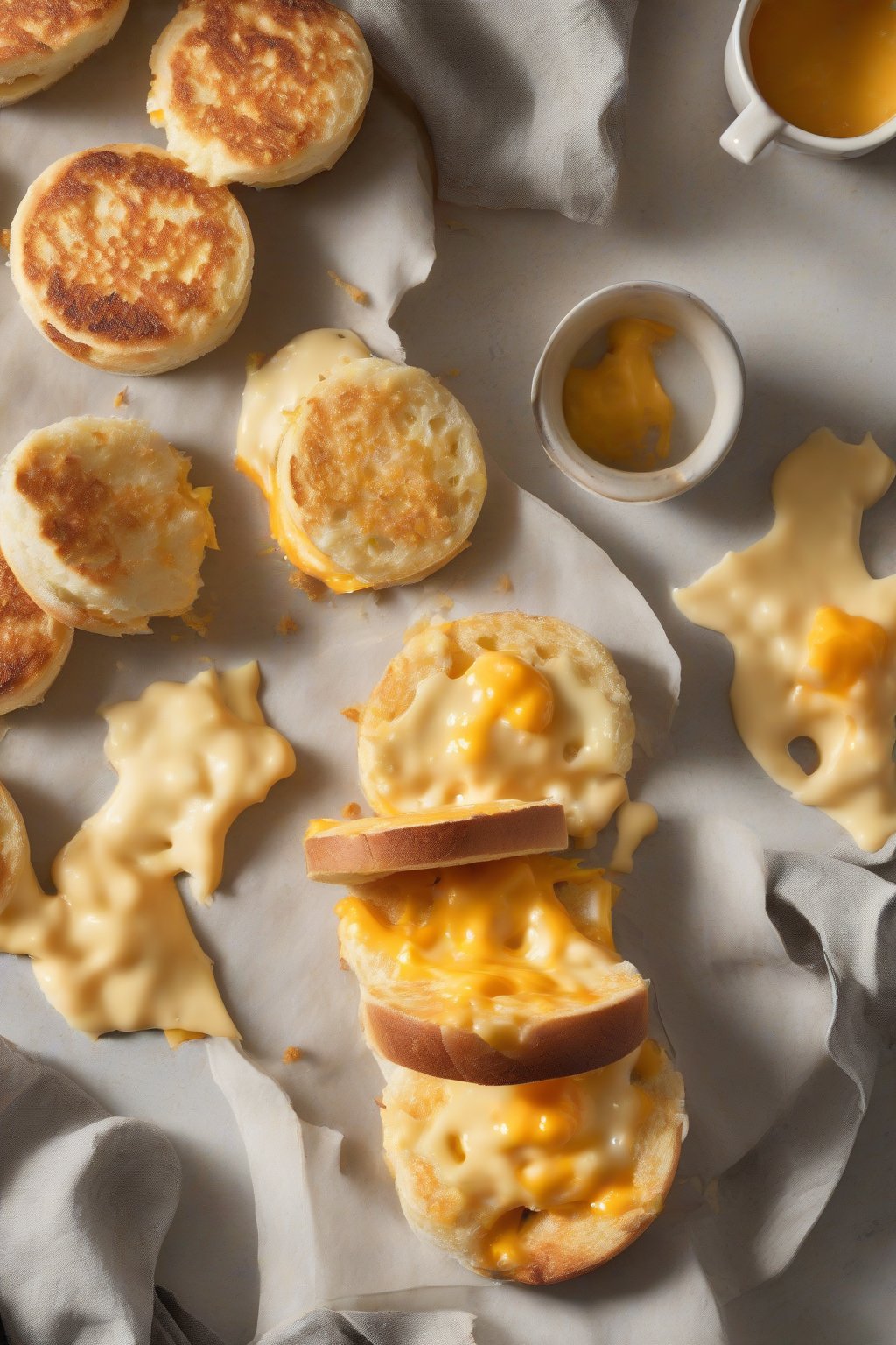 A high-resolution photo of cheesy English muffins halved, with gooey cheddar stretching under soft lighting.