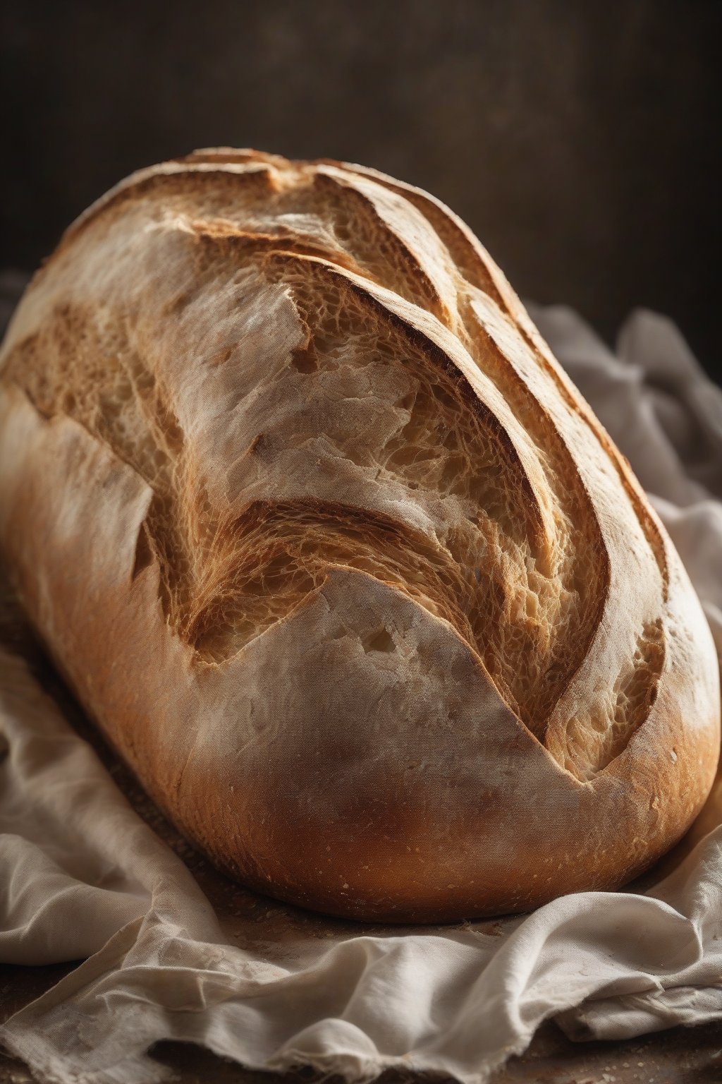 A high-resolution photo of a whole classic sourdough loaf with a rustic cracked crust, steam rising, under soft lighting.