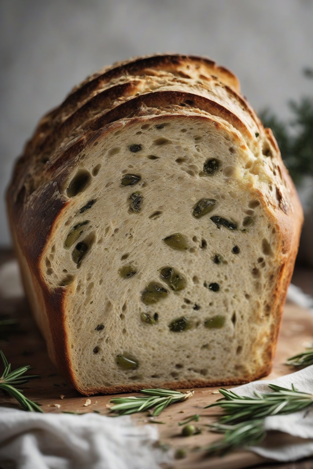 A high-resolution photo of a sliced olive and rosemary sourdough loaf revealing green flecks and chewy crumb, under soft lighting.