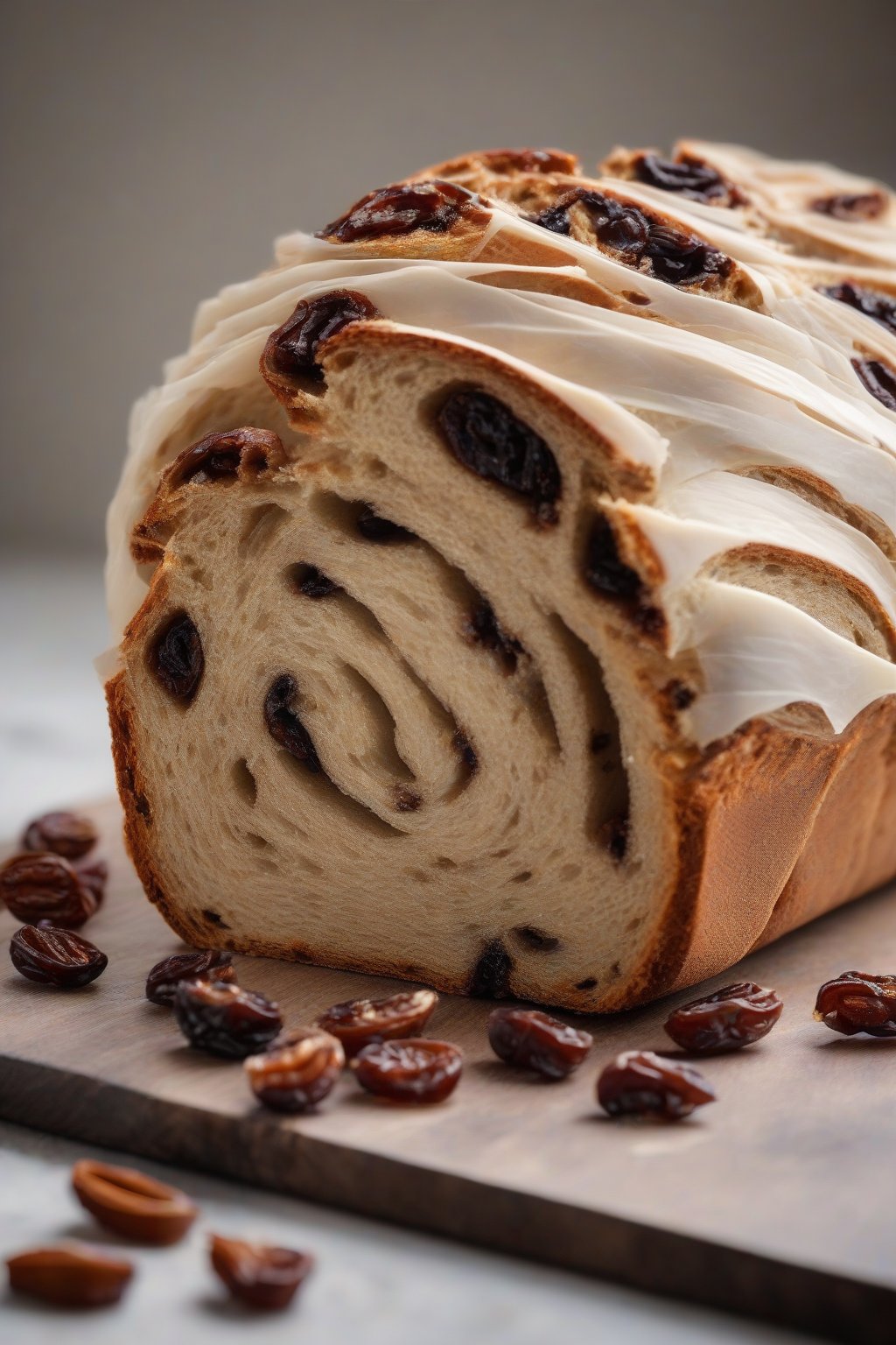 A high-resolution photo of a cinnamon raisin sourdough loaf cut open, showing plump raisins and swirls, under soft lighting.