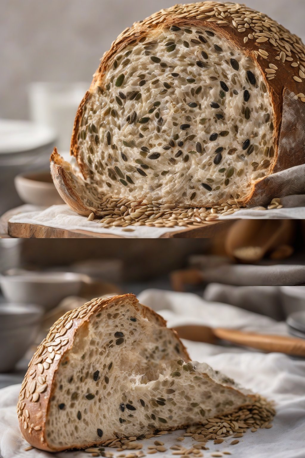 A high-resolution photo of a seeded sourdough boule dusted with seeds, cross-section showing crunch, under soft lighting.