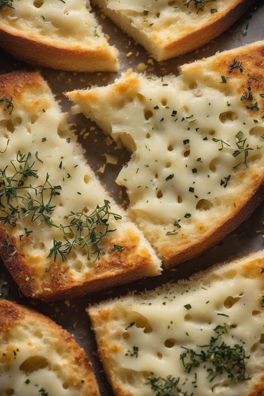 A high-resolution photo of garlic Parmesan sourdough slices with golden cheese crust and herb flecks, under soft lighting.