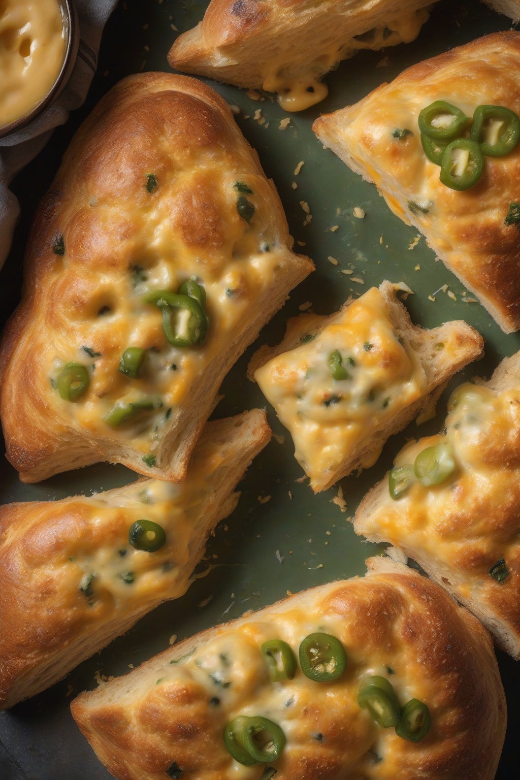 A high-resolution photo of jalapeño cheddar sourdough with oozing cheese pockets and green specks, under soft lighting.