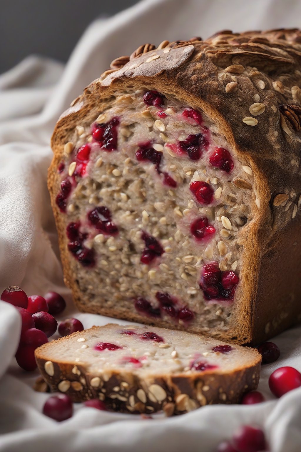 A high-resolution photo of walnut cranberry sourdough loaf interior studded with nuts and red berries, under soft lighting.