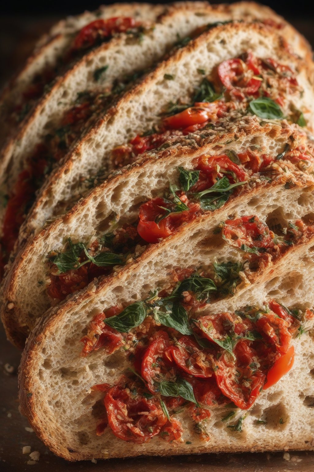 A high-resolution photo of sundried tomato basil sourdough with red tomato bits and green herbs visible in the crumb, under soft lighting.