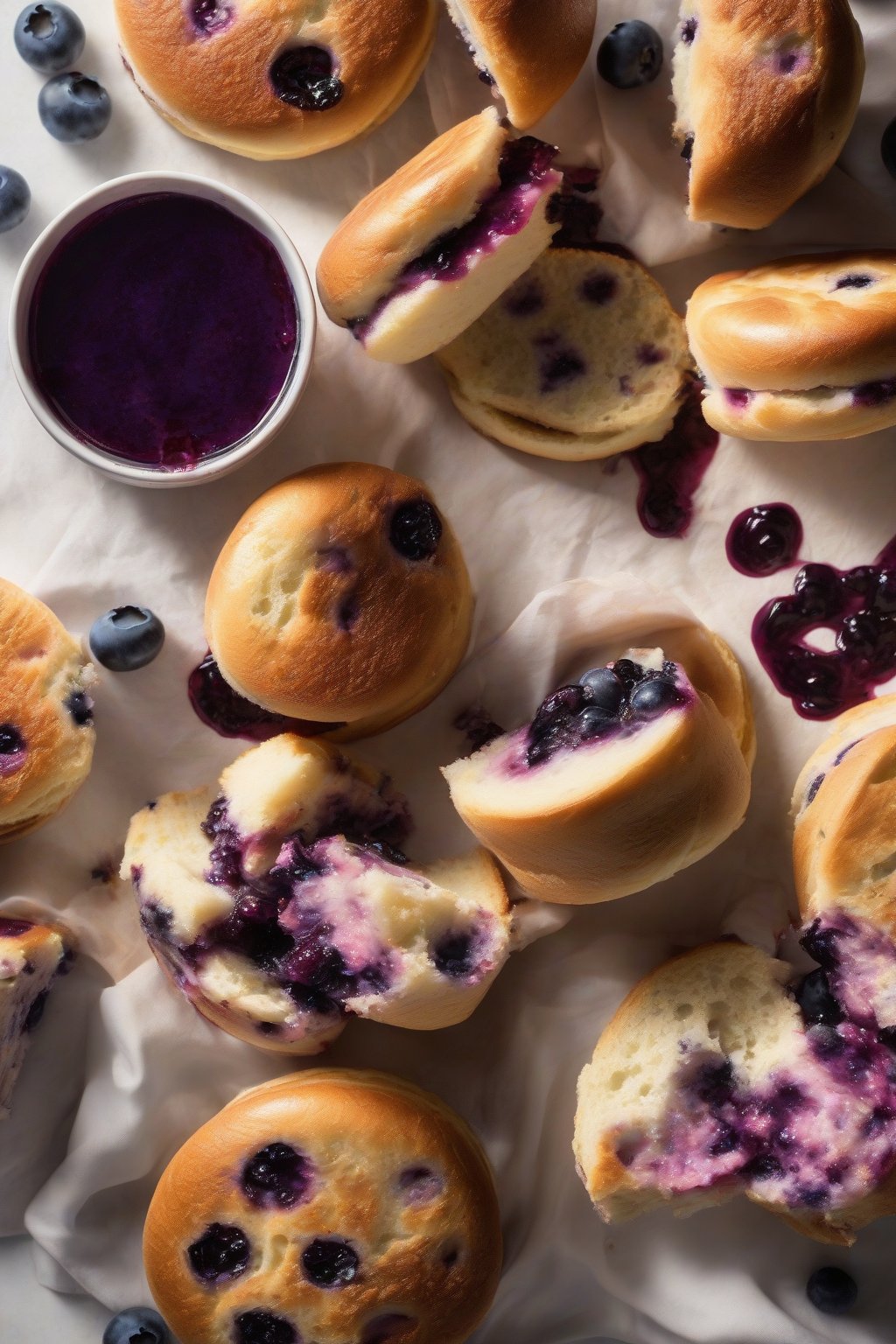 A high-resolution photo of blueberry English muffins split open with purple juices staining the nooks under soft lighting.
