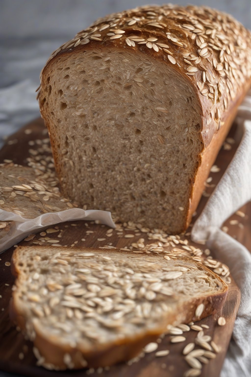 A high-resolution photo of honey oat sourdough loaf topped with oats, sliced to show soft texture, under soft lighting.
