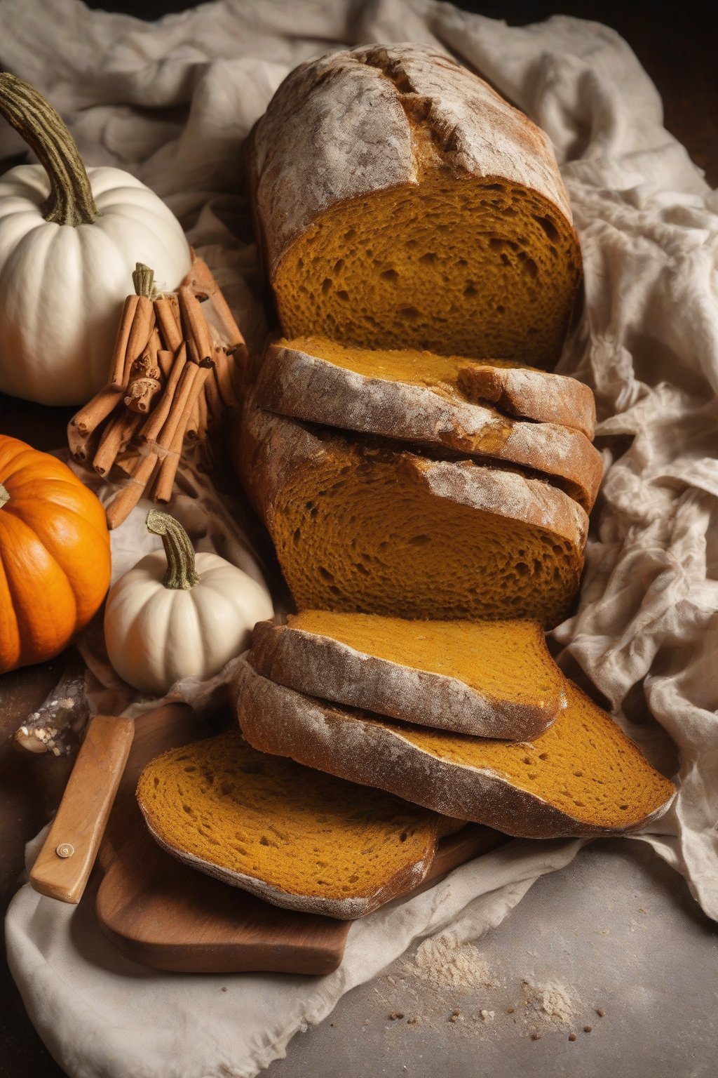 A high-resolution photo of pumpkin spice sourdough with warm orange hue and spice dusting, crumb shot, under soft lighting.