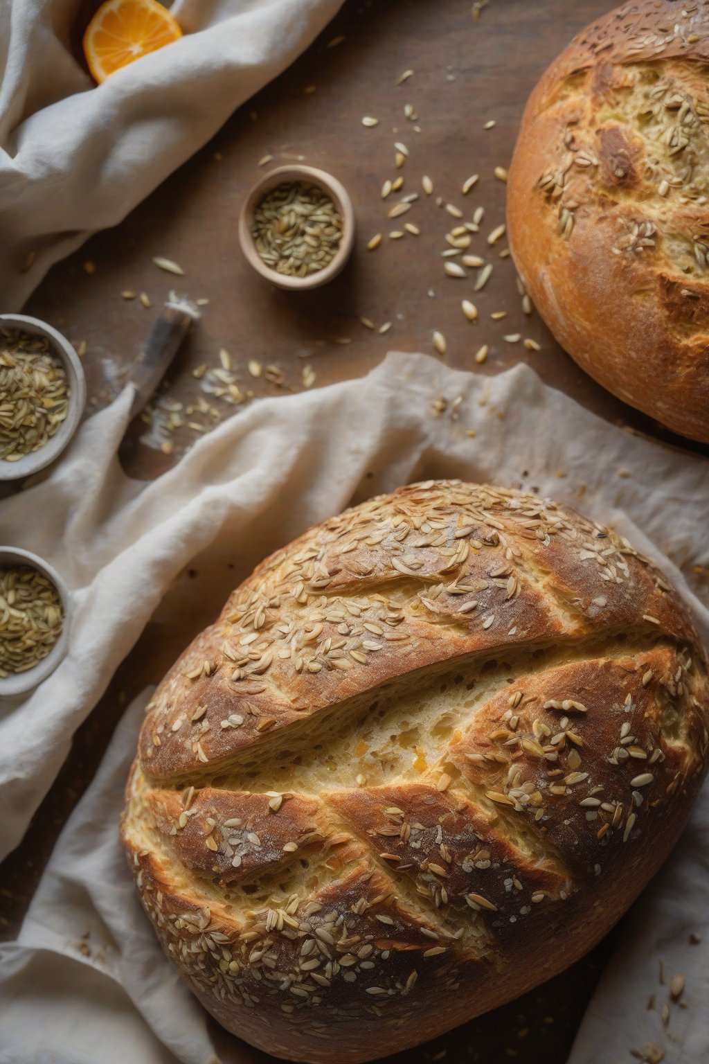 A high-resolution photo of fennel orange sourdough boule with citrus zest flecks and seeds, under soft lighting.