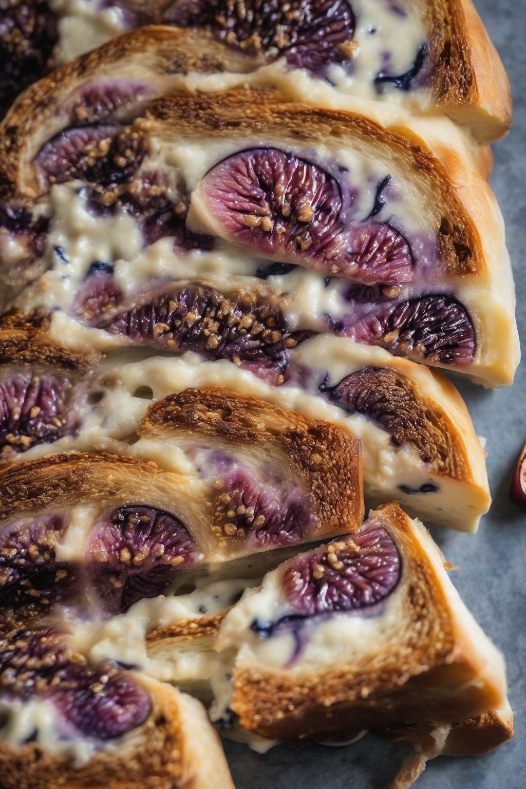 A high-resolution photo of fig blue cheese sourdough slice showing purple figs and blue veins, under soft lighting.