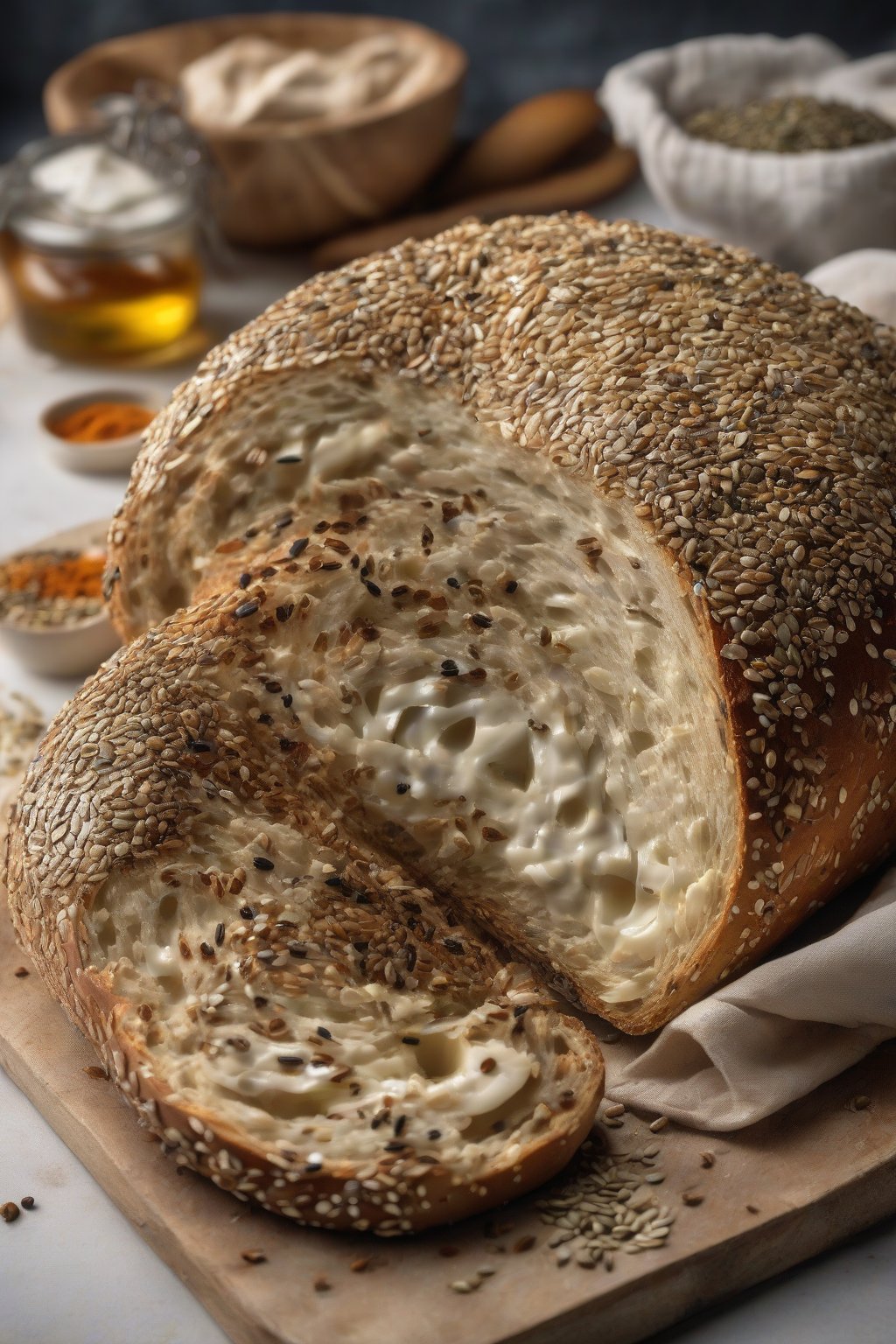 A high-resolution photo of everything bagel sourdough loaf encrusted with seeds and spices, golden baked, under soft lighting.