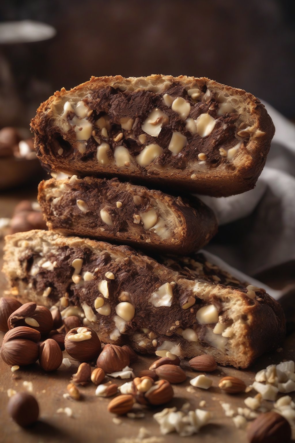 A high-resolution photo of chocolate hazelnut sourdough with melty chunks and nuts in the open crumb, under soft lighting.