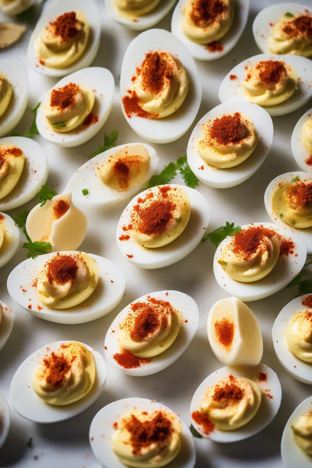 A high-resolution photo of classic deviled eggs garnished with paprika on a white platter under soft lighting.