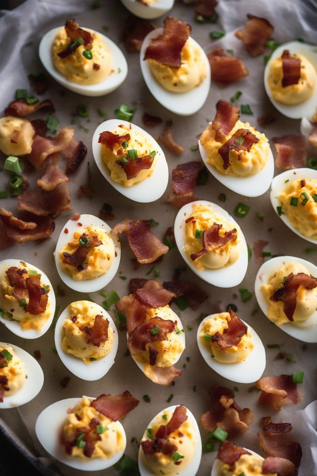 A high-resolution photo of bacon cheddar deviled eggs topped with bacon crumbles under soft lighting.