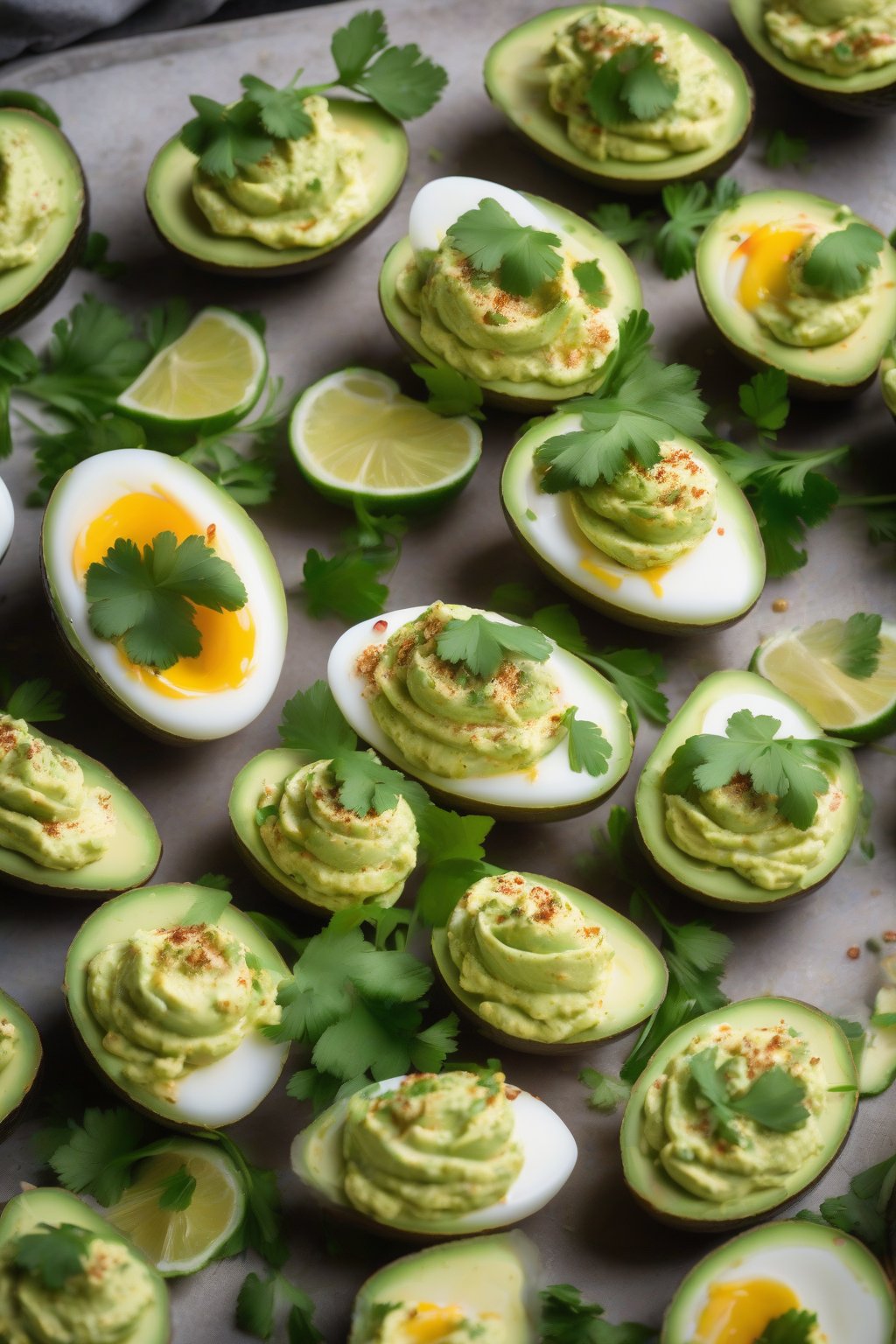 A high-resolution photo of vibrant green avocado deviled eggs with cilantro garnish under soft lighting.