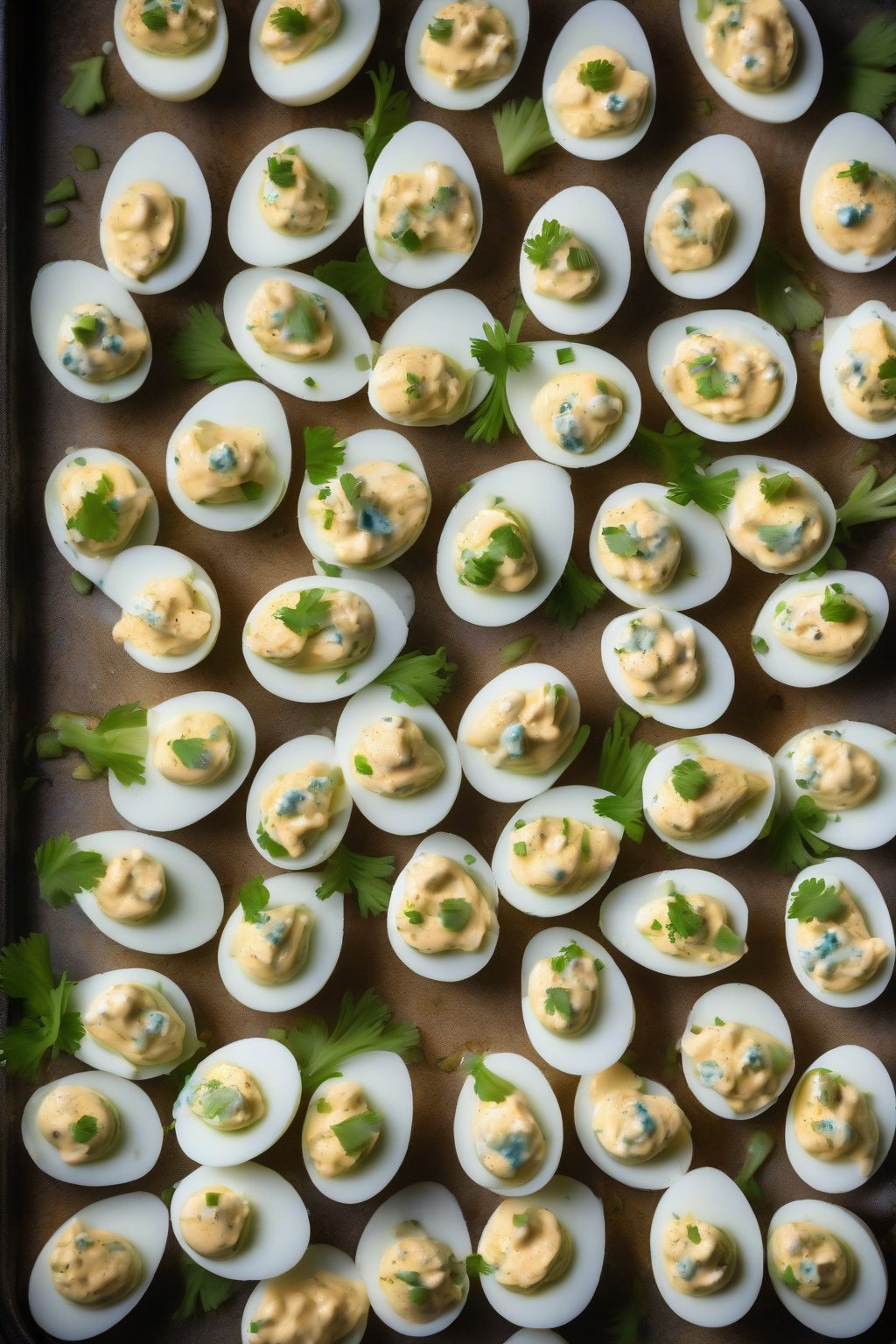 A high-resolution photo of buffalo blue cheese deviled eggs with celery tops under soft lighting.