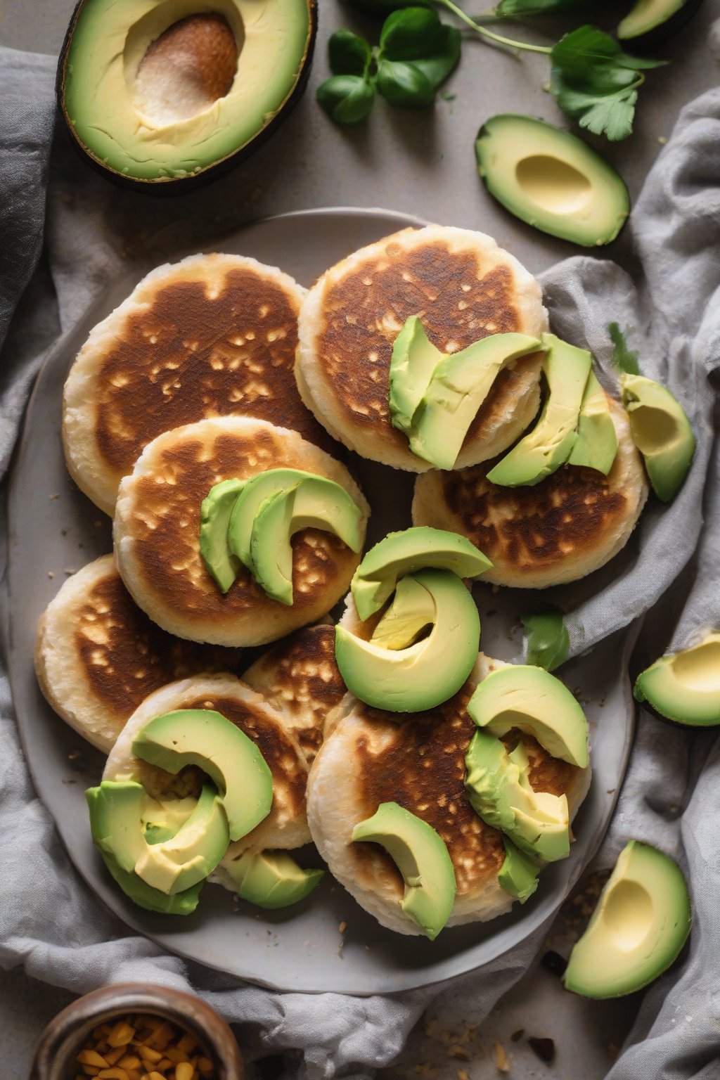 A high-resolution photo of vegan English muffins on a plate with avocado slices, golden and fluffy under soft lighting.