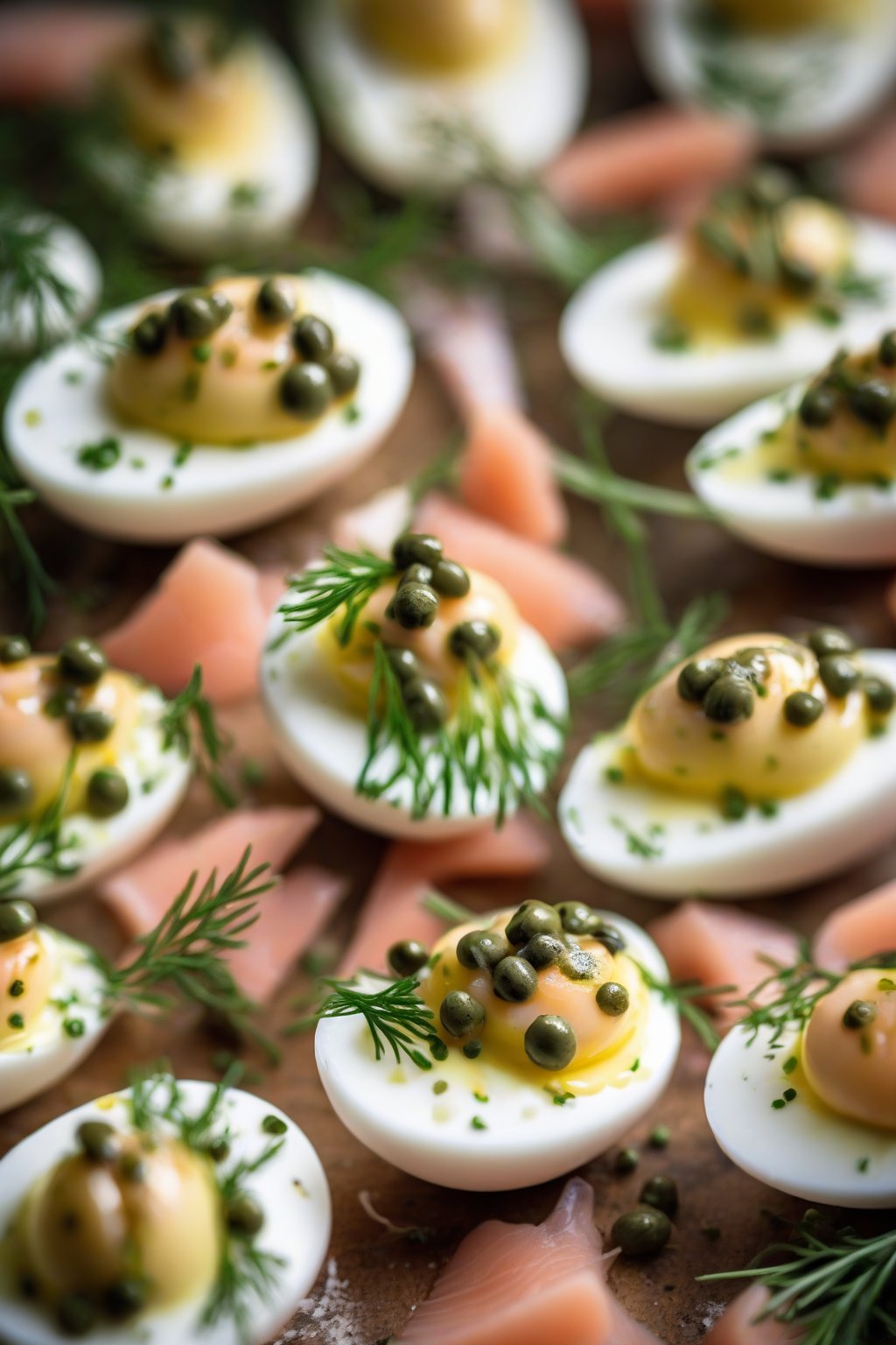 A high-resolution photo of smoked salmon deviled eggs topped with capers and dill under soft lighting.