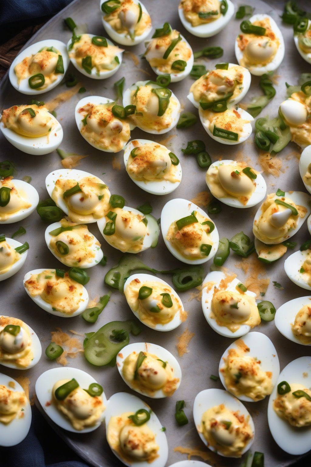 A high-resolution photo of jalapeño popper deviled eggs with melted cheddar under soft lighting.
