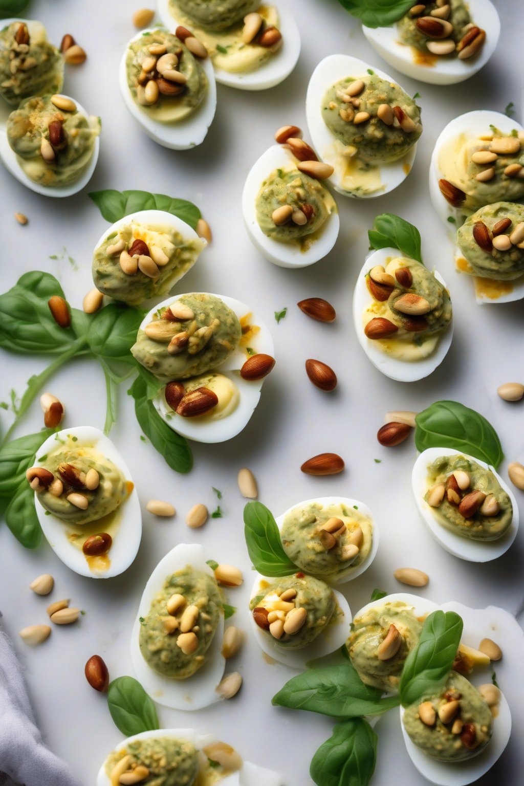A high-resolution photo of pesto deviled eggs garnished with pine nuts under soft lighting.