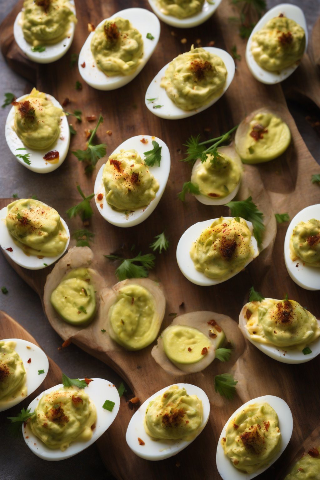 A high-resolution photo of sweet pickle deviled eggs on a rustic board under soft lighting.