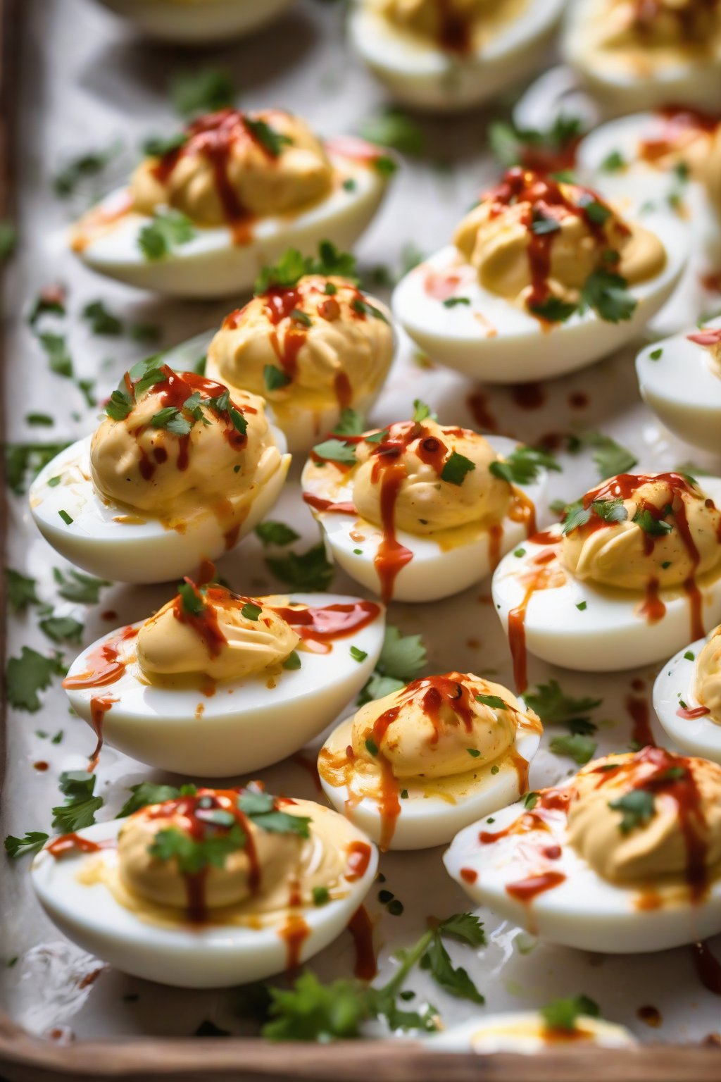 A high-resolution photo of sriracha deviled eggs drizzled with extra sauce under soft lighting.