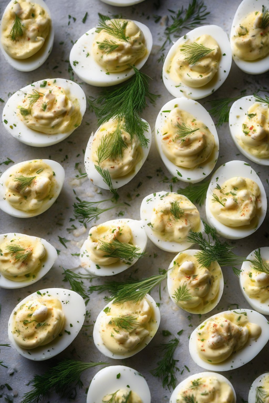 A high-resolution photo of Greek yogurt deviled eggs with fresh dill under soft lighting.