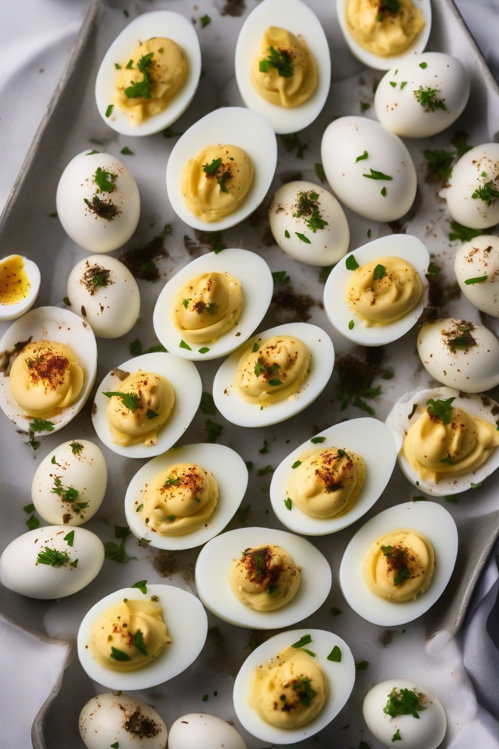 A high-resolution photo of truffle deviled eggs with a shiny finish under soft lighting.