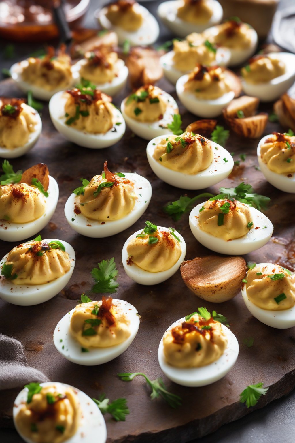 A high-resolution photo of BBQ deviled eggs with a smoky garnish under soft lighting.