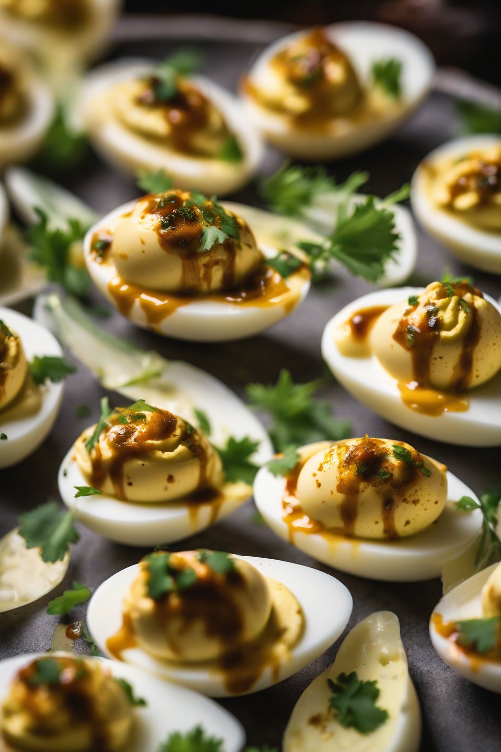 A high-resolution photo of golden curry deviled eggs with chutney swirl under soft lighting.