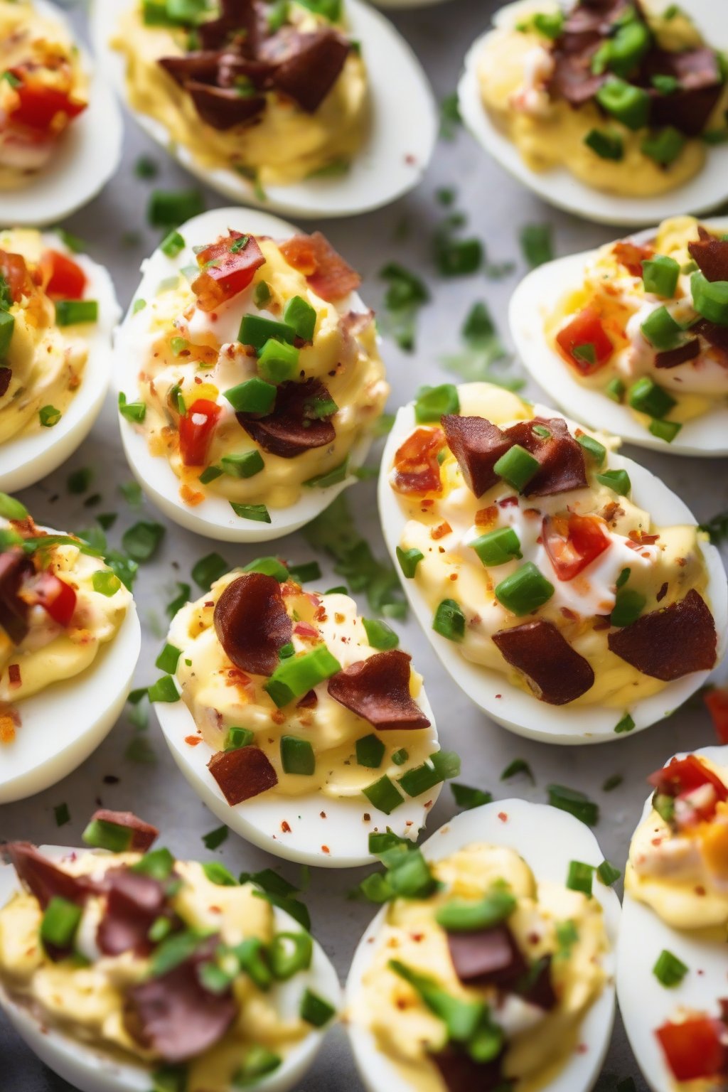 A high-resolution photo of loaded baked potato deviled eggs piled with toppings under soft lighting.
