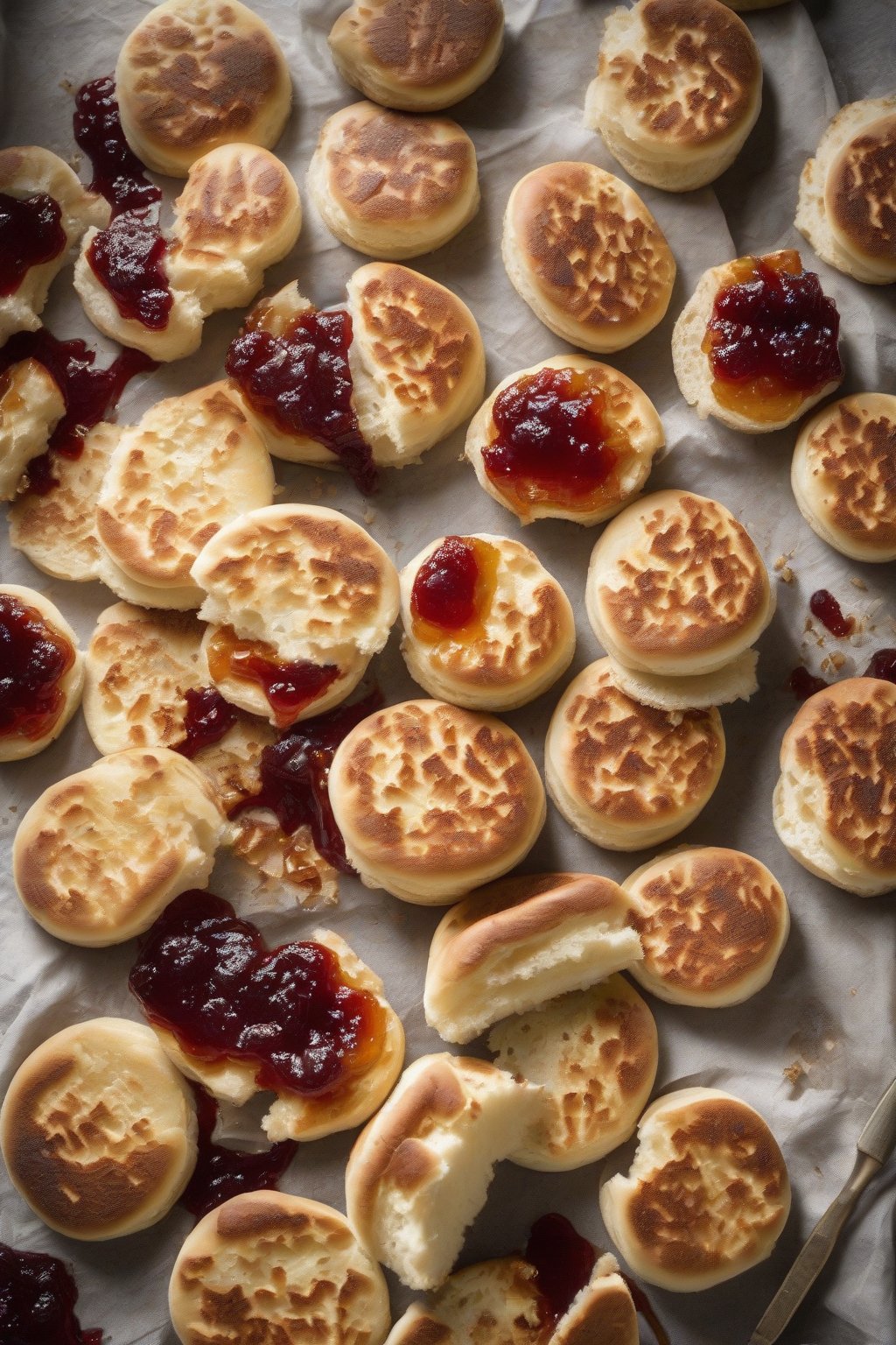 A high-resolution photo of gluten-free English muffins toasted with nooks filled with jam under soft lighting.