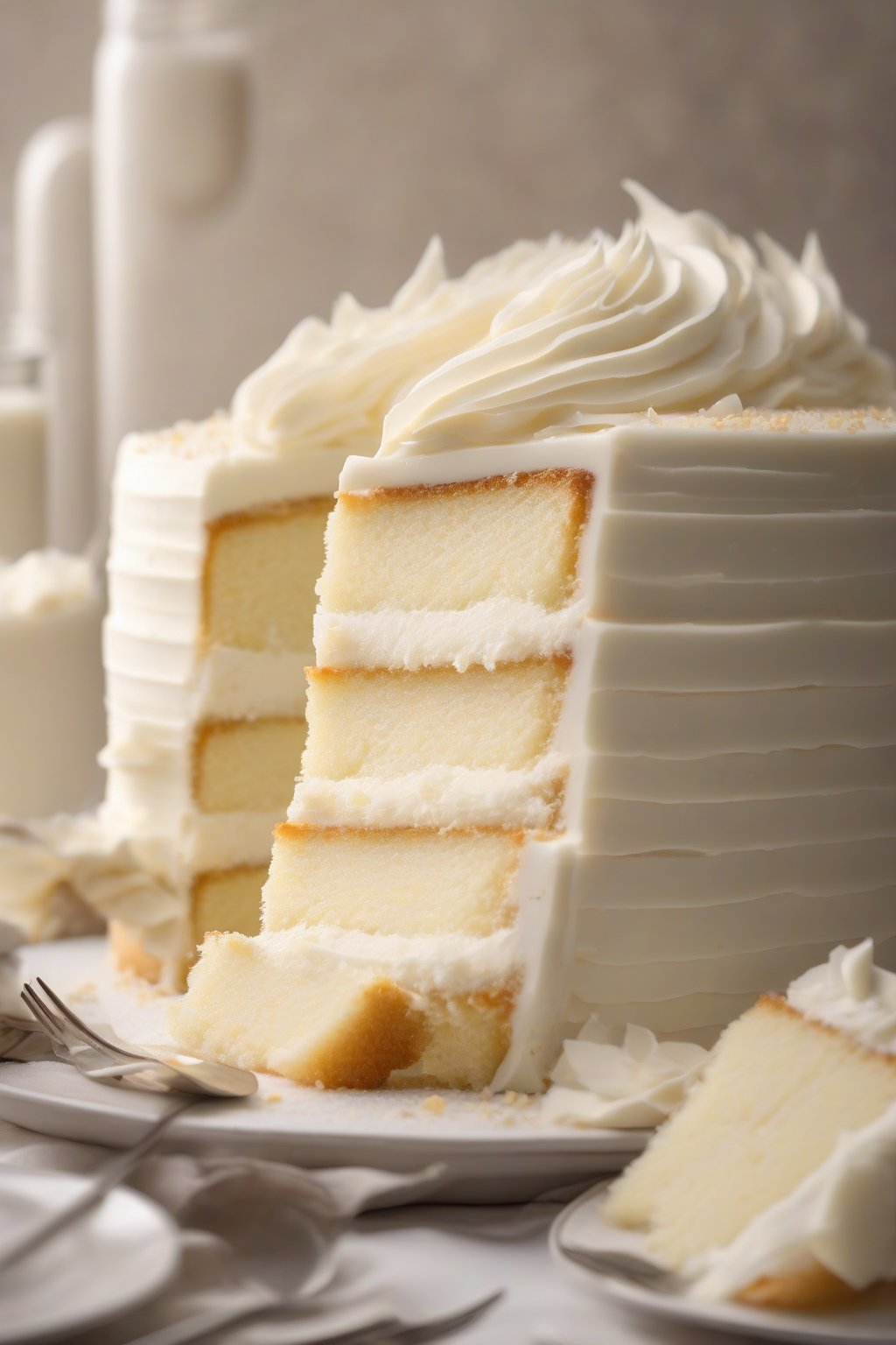 A high-resolution photo of a sliced classic vanilla cake with fluffy layers and creamy frosting under soft lighting.